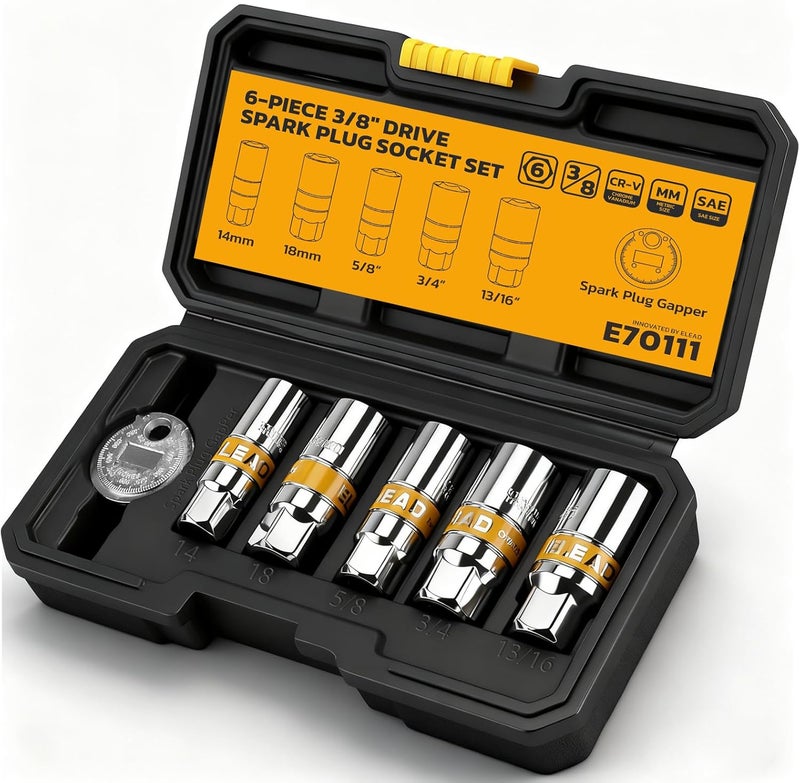 ELEAD 6-Piece 3/8" Drive Spark Plug Socket Set with Spark Plug Gapper, SAE & Metric, 5/8", 3/4", 13/16", 14mm, 18mm, CR-V Sockets with Rubber Holding Rings - Image 1